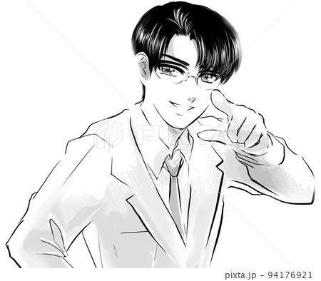 イケメン黒髪メガネ先生が指差し決めポーズする白黒漫画イラストと吹き出し 94176921