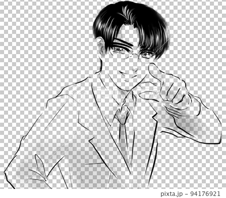 イケメン黒髪メガネ先生が指差し決めポーズする白黒漫画イラストと吹き出し 94176921