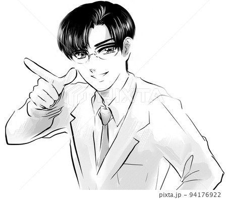イケメン黒髪メガネ先生が指差し決めポーズする白黒漫画イラストと白背景 94176922