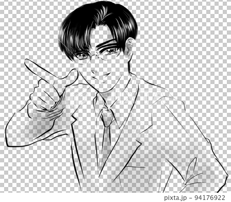 イケメン黒髪メガネ先生が指差し決めポーズする白黒漫画イラストと白背景 94176922