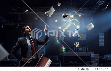 Thoughtful successful businessman dreaming . Mixed media 94176927