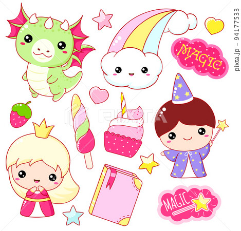 Set of kawaii fairy tale characters. Little princess, wizard, dragon. Cute fairytale collection of funny baby characters 94177533