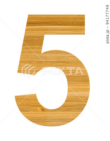 Number five 5 english character set cut from wooden bamboo, isolated on white background 94177749