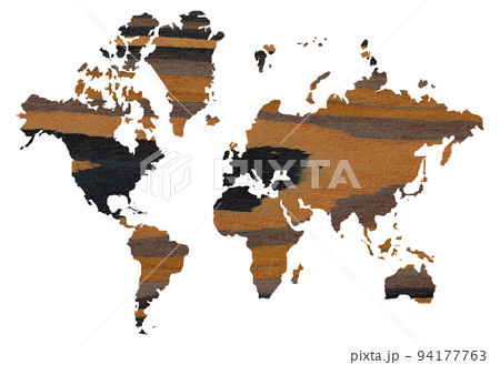 Detailed decorative world map cut from wood texture ebony, isolated on white background 94177763