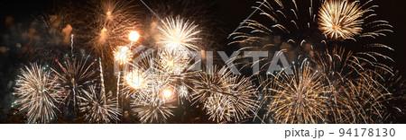 Banner Golden Firework celebrate anniversary happy new year 2023, 4th of july holiday festival. colorful gold firework celebrate national holiday. Banner new year 2023 party time with copy space Banner Golden Firework celebrate anniversary happy new year 2023, 4th of july holiday festival. colorful gold firework celebrate national holiday. Banner new year 2023 party time with copy space 94178130