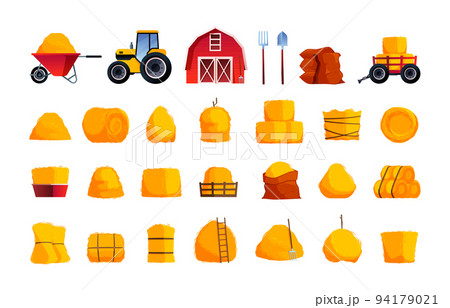 Cartoon hay farming. Agriculture haystack farm barn wheelbarrow elements, flat rural organic fodder straw dry pile thatch. Vector isolated set 94179021
