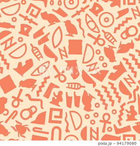 Egyptian hieroglyphs pattern. Seamless print with ancient Egypt civilization manuscript symbols, repeating antique backdrop. Vector texture Egyptian hieroglyphs pattern. Seamless print with ancient Egypt civilization manuscript symbols, repeating antique backdrop. Vector texture 94179080
