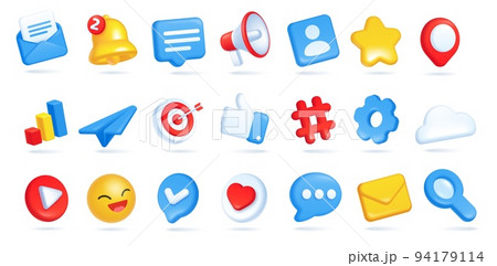 3d social media icons. Envelope with email message, bell for notification, megaphone, speech bubbles 3d social media icons. Envelope with email message, bell for notification, megaphone, speech bubbles 94179114