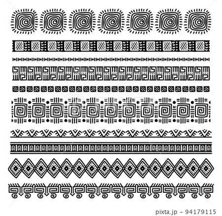 Tribal african seamless brushes. Hand drawn ornamental border. Ancient dividers isolated on white set. Creative traditional motif 94179115