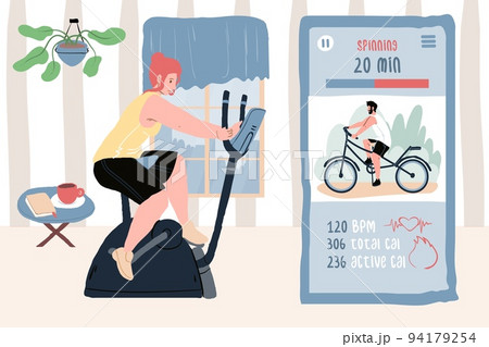 Flat cartoon woman character working out on stationary bike,sports online app use vector illustration concept 94179254