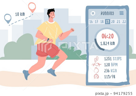 Flat cartoon man character running,sports online app use vector illustration concept Flat cartoon man character running,sports online app use vector illustration concept 94179255