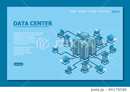 Concept of data network management . Vector isometric map with business networking servers computers and devices 94179580