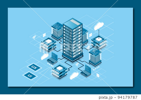 Concept of data network management . Vector isometric map with business networking servers computers and devices 94179787