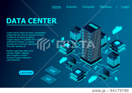 Concept of data network management . Vector isometric map with business networking servers computers and devices 94179790
