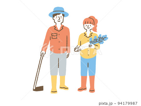 鍬を持った男性と大根を持った女性_色 鍬を持った男性と大根を持った女性_色 94179987