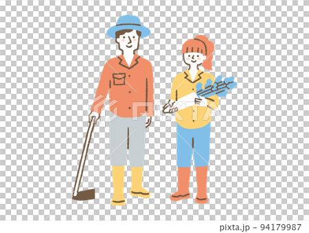 鍬を持った男性と大根を持った女性_色 鍬を持った男性と大根を持った女性_色 94179987