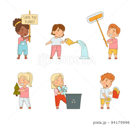 Little Kids Saving Planet Cleaning with Sponge, Watering, Planting and Gathering Plastic Bottles Vector Illustration Set Little Kids Saving Planet Cleaning with Sponge, Watering, Planting and Gathering Plastic Bottles Vector Illustration Set 94179996