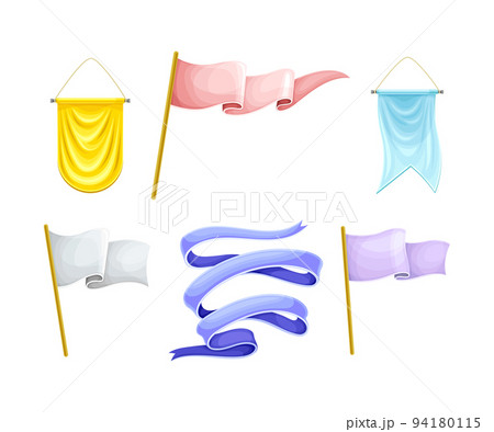 Flag on Pole and Pennant or Pennon Shaped Banner Made of Smooth Fabric Vector Set Flag on Pole and Pennant or Pennon Shaped Banner Made of Smooth Fabric Vector Set 94180115