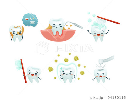Dental Care with Cute Funny Tooth Character Vector Set Dental Care with Cute Funny Tooth Character Vector Set 94180116