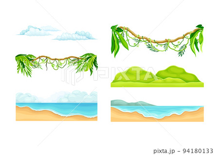 Tropical Landscape Element with Sandy Sea Shore, Ocean, Bush and Liana Vector Set Tropical Landscape Element with Sandy Sea Shore, Ocean, Bush and Liana Vector Set 94180133