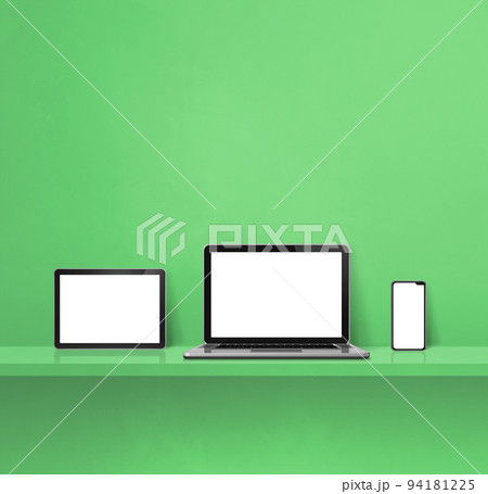Laptop, mobile phone and digital tablet pc on green wall shelf. Square background Laptop, mobile phone and digital tablet pc on green wall shelf. Square background 94181225