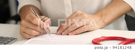 Person signs pen health insurance contract closeup Person signs pen health insurance contract closeup 94181248