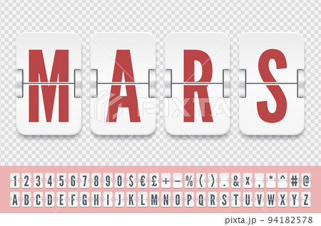 Narrow airport terminal white mechanical scoreboard font with numbers for flight destination or arrival info. Vector illustration. Retro airline flip board alphabet departure to Mars red planet Narrow airport terminal white mechanical scoreboard font with numbers for flight destination or arrival info. Vector illustration. Retro airline flip board alphabet departure to Mars red planet 94182578
