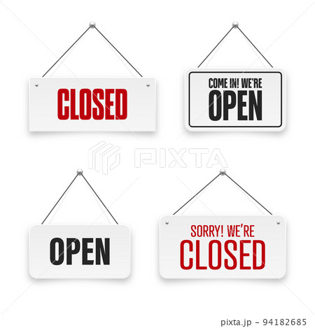 Realistic open or closed hanging signboards. Vintage door sign for cafe, restaurant, bar or retail store. Announcement banner, information signage for business or service. Vector illustration 94182685