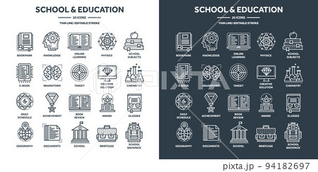 School education, university studies. Study, learning and educational process. Online lessons, e-learning with video tutorials. Knowledge acquisition. Thin line web icons set. Vector illustration 94182697