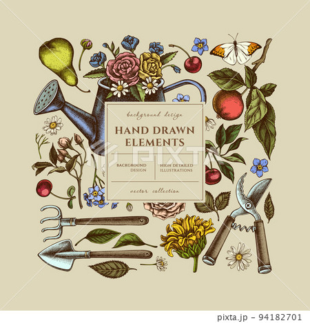Gardening square card or invitation design. Frame design with watering can, apples, cherry, rose, pears, shovel, rake, secateurs, chamomile, sunflower, forget me not flower, great orange-tip, roses. Gardening square card or invitation design. Frame design with watering can, apples, cherry, rose, pears, shovel, rake, secateurs, chamomile, sunflower, forget me not flower, great orange-tip, roses. 94182701