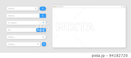 Blank internet browser window with various search bar templates. Web site engine with search box, address bar and text field. UI design, website interface elements. Vector illustration Blank internet browser window with various search bar templates. Web site engine with search box, address bar and text field. UI design, website interface elements. Vector illustration 94182720