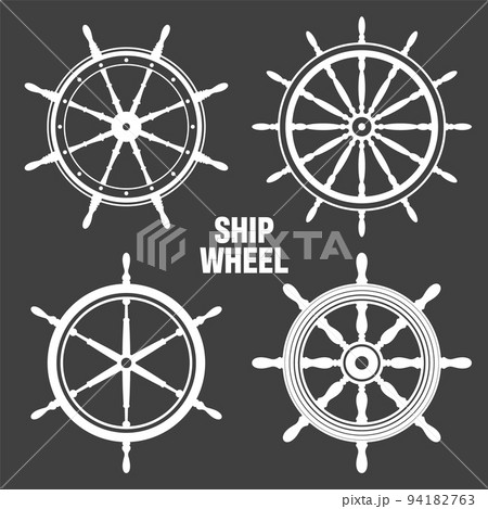 Collection of white vintage steering wheels. Ship, yacht retro wheel symbol. Nautical rudder icon. Marine design element. Vector illustration 94182763