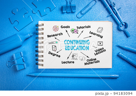 Continuing Education Concept. Chart with keywords and icons. Abstract blue office desk Continuing Education Concept. Chart with keywords and icons. Abstract blue office desk 94183094