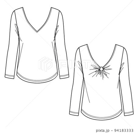 Vector Woman Tshirt Technical Drawing Asymmetric Blouse With Accessory  Fashion CAD Sketch Flat Jersey Or Woven Fabric Top With Front Back  View White Color Royalty Free SVG Cliparts Vectors And Stock  Illustration