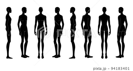 Set of XXS size silhouette Men Fashion template 9 head size Croquis Gentlemen model skinny front, side, 3-4, back 94183401