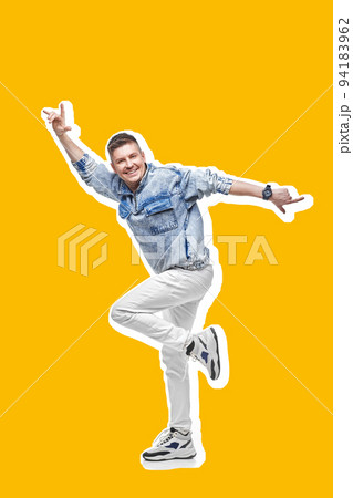 young man in denim clothes jumping and dancing . 94183962