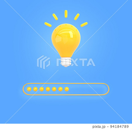 Loading bar icon with glowing light bulb on blue background. Concept of creative or business idea, thought process or brainstorming. Cartoon interface design element with lamp Loading bar icon with glowing light bulb on blue background. Concept of creative or business idea, thought process or brainstorming. Cartoon interface design element with lamp 94184789