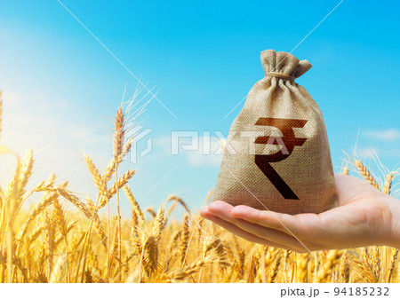 Wheat field and indian rupee money bag. Agroindustry and the agricultural business. World hunger. World food security crisis, high prices. Grains deficits, livestock feed. Starvation and famine 94185232