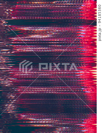 Glitch noise texture. Color artifacts. Digital error. Neon pink purple orange fuzzy lines static distortion on dark black abstract art illustration background. 94185360