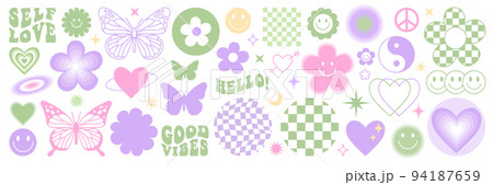 Y2k stickers set. Funny butterfly, daisy, wave, chess, mesh, smile. Set of vector elements in trendy retro trippy 2000s style. Lilac, pink and green color. Selflove, good vibes, hello. 94187659