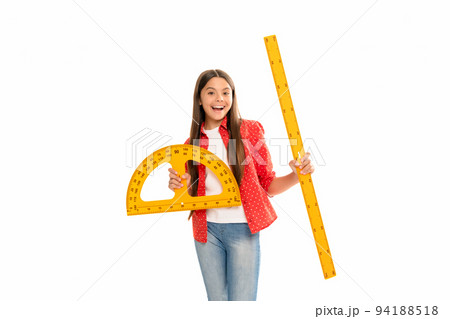 happy kid hold protractor ruler study geometry at school isolated on white, school 94188518