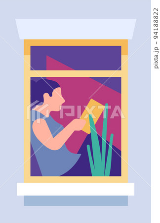 Open windows with people. Neighbors house. Mansion facade. Apartment leisure. Stay home. Residential building exterior. Man sitting on windowsill. Person reading book. Vector illustration 94188822
