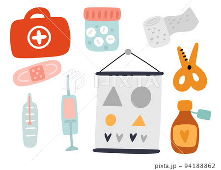 Cute doctor accessories. Medical different tools. Cartoon medicines. Mixture vial. Bandage and plaster. First aid kit. Thermometer and syringe. Pill bottle. Vector pharmacy objects set 94188862