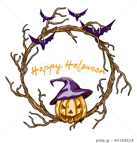Happy Halloween background. Pumpkin in a witch hat with bats. design for holiday, vector illustration 94189028