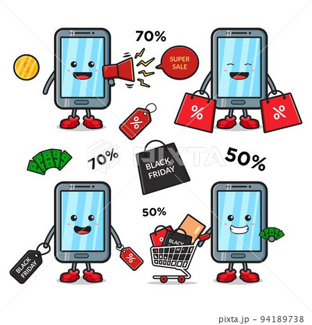 Cute mobile phone with black friday event mascot cartoon icon illustration 94189738