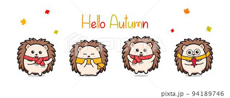 Hello autumn banner with cute hedgehog cartoon icon illustration Hello autumn banner with cute hedgehog cartoon icon illustration 94189746