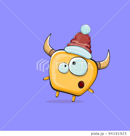 Vector cartoon funky orange monster with Santa Claus red hat isolated on violet background. Funny and cute Childrens Merry Christmas greeting card with funny monster elf Santa Claus character. Vector cartoon funky orange monster with Santa Claus red hat isolated on violet background. Funny and cute Childrens Merry Christmas greeting card with funny monster elf Santa Claus character. 94191925