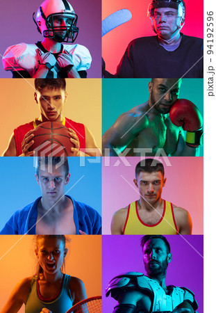 Collage. Close-up portraits of young sportive man, different sport athletes posing over multicolored background in neon light 94192596