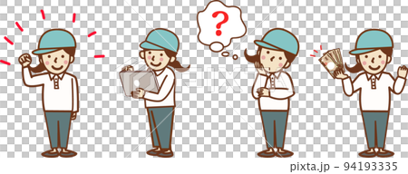 A set illustration of a working worker woman. Fist pump, holding tablet, thinking, holding cash. A set illustration of a working worker woman. Fist pump, holding tablet, thinking, holding cash. 94193335