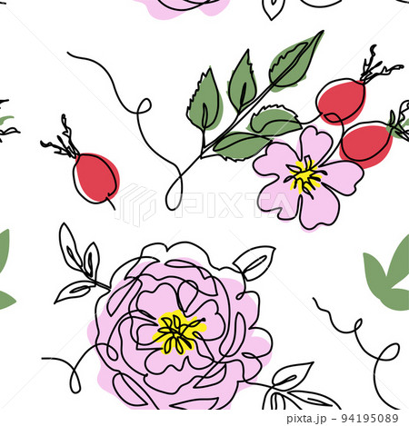 Rosehip, dog rose, briar, rosa canina, wild rose vector seamless pattern. One continuous line art drawing of flowers and berries, rosehip pattern 94195089